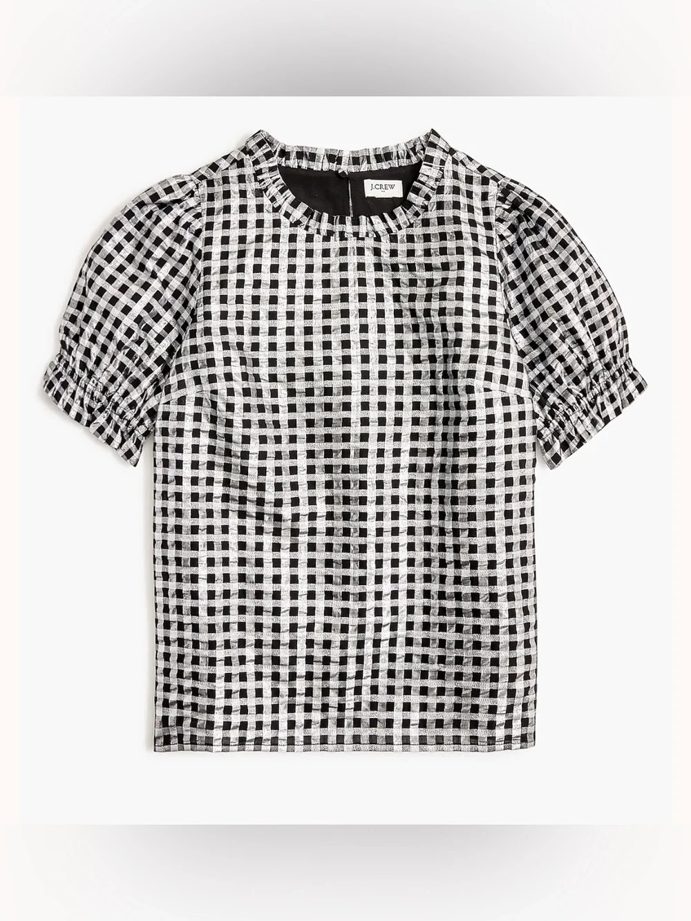 J.Crew Factory Shiny Gingham Puff Sleeve Top Black Silver Lurex M